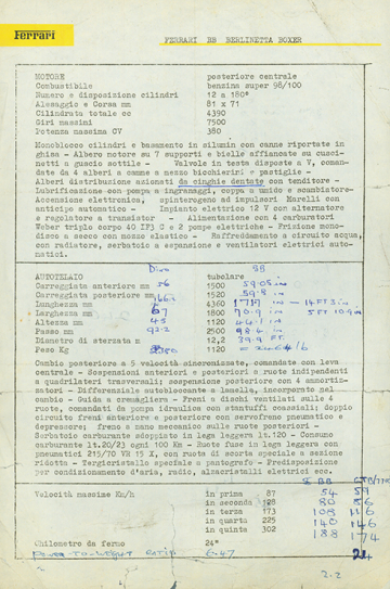 The original Ferrari press hand-out for the BB in 1973 with annotations by  Mel