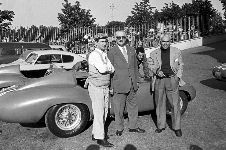 Paolo Marzotto with Enzo Ferrari and Piero Taruffi at the 1955 Mille Miglia 
