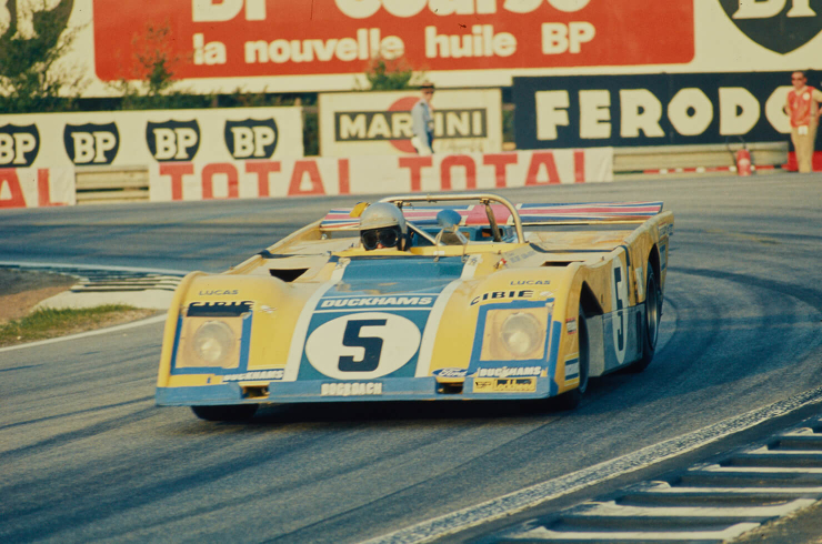 The Duckhams-de Cadenet LM rounds Mulsanne corner on its way to 12th place at Le Mans in 1972. It had been placed as high as fifth before leaving the road at Tertre Rouge (Eric della Faille) 